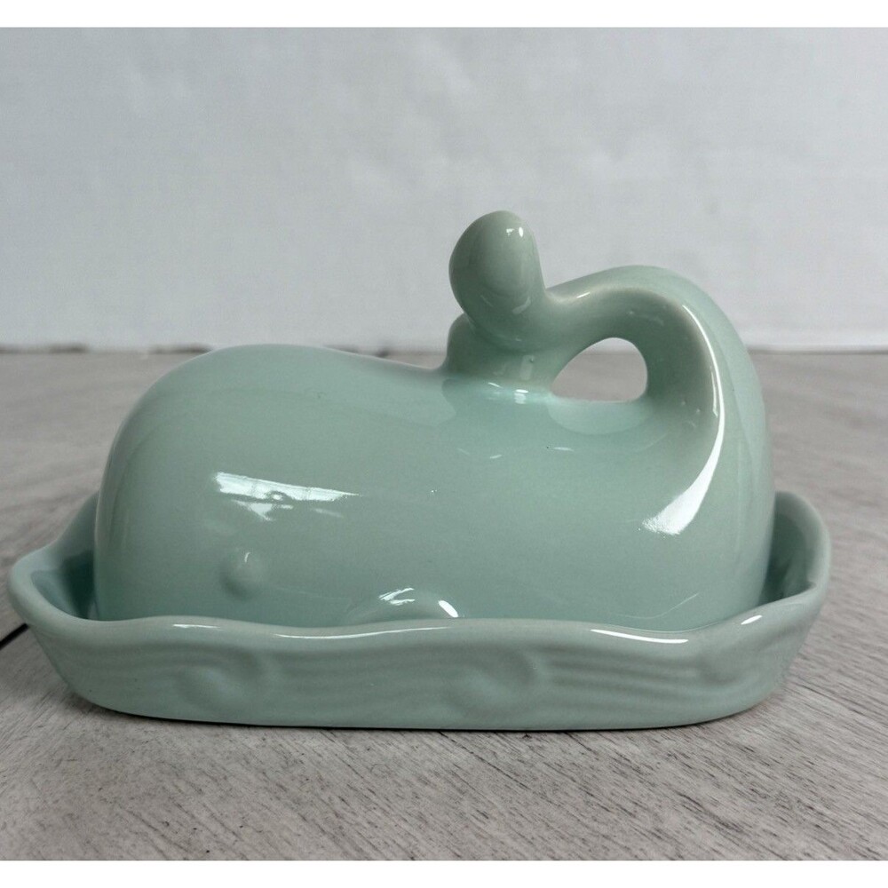 Aqua Stoneware Whale Shaped Butter Dish Lid Embossed Wave Base Tail D/W M/W Safe